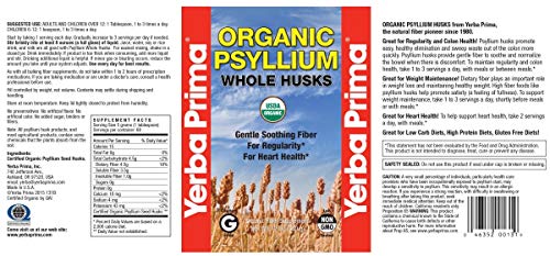 Yerba Prima Organic Psyllium Whole Husks 12 oz - Natural Dietary Fiber Supplement, Non GMO, Gluten Free, Keto and Vegan Friendly for Regularity Support, Unflavored