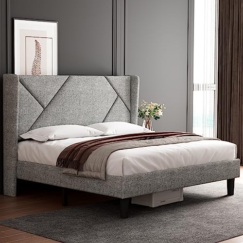 iPormis Full Size Bed Frame with Geometric Wingback Headboard, Upholstered Platform Bed Frame with Solid Wood Slats, 8" Storage Space, No Box Spring Needed, Easy Assembly, Light Gray