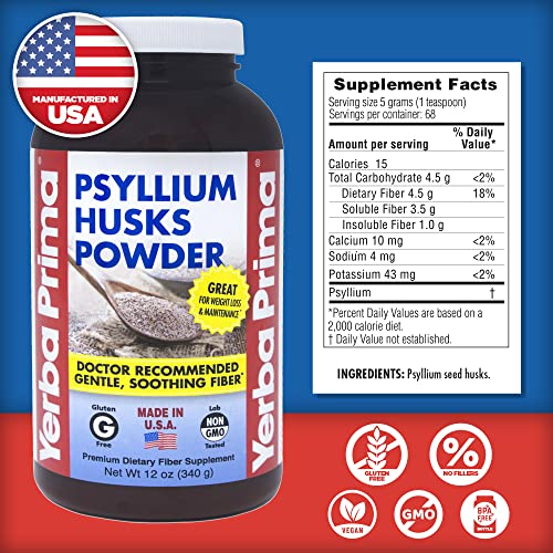 Yerba Prima Psyllium Husks Powder 12 oz (Pack of 2) - Natural Fiber Supplement - Colon Cleanse - Gut Health - Vegan, Non-GMO, Gluten-Free - Both Soluble & Insoluble Bulk for Regularity Support (New Label - Packaging May Vary)