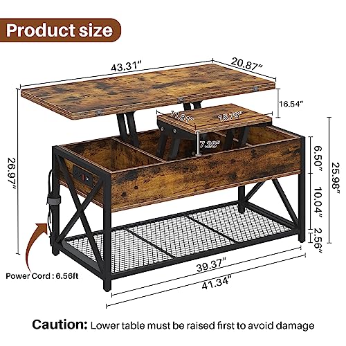 Osfvolr 43" Lift Top Coffee Table with Charging Station, 4 in 1 Coffee Tables with Storage, Farmhouse Coffee Table Converts to Dining Table for Living Room, Game Table, Home Office