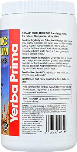 Yerba Prima Organic Psyllium Whole Husks 12 oz - Natural Dietary Fiber Supplement, Non GMO, Gluten Free, Keto and Vegan Friendly for Regularity Support, Unflavored