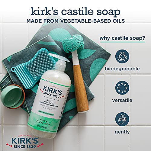 Kirk's 3-in-1 Castile Liquid Soap Head-to-Toe Clean Shampoo, Face Soap & Body Wash for Men, Women & Children | Mint & Eucalyptus Scent | 32 Fl Oz.