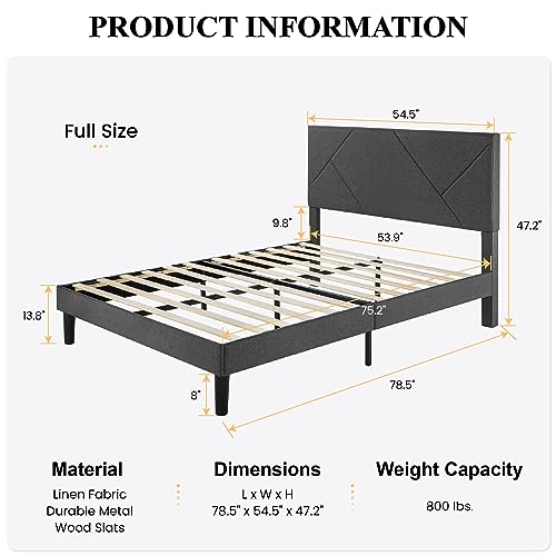 SHA CERLIN Full Size Upholstered Bed Frame with Geometric Headboard, Heavy-Duty Platform Bed Frame with Wood Slats Support, Mattress Foundation, No Box Spring Needed, Easy Assembly, Dark Grey