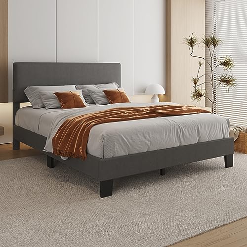 Lifezone Queen Bed Frame with Headboard,Linen Upholstered Bed Frame with Wood Slats Support,No Box Spring Needed,Heavy Duty Feet,Easy Assembly,Light Grey