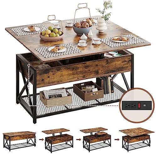 Osfvolr 43" Lift Top Coffee Table with Charging Station, 4 in 1 Coffee Tables with Storage, Farmhouse Coffee Table Converts to Dining Table for Living Room, Game Table, Home Office