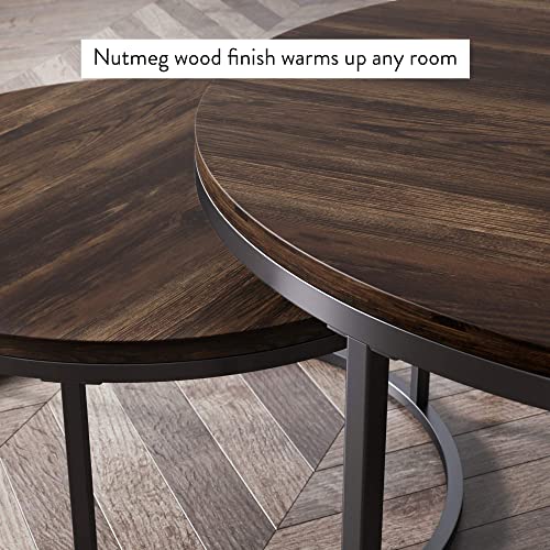 Nathan James Stella Round Modern Nesting Coffee Set of 2, Stacking Living Room Accent Tables with an Industrial Wood Finish and Powder Coated Metal Frame, Warm Nutmeg/Matte Black