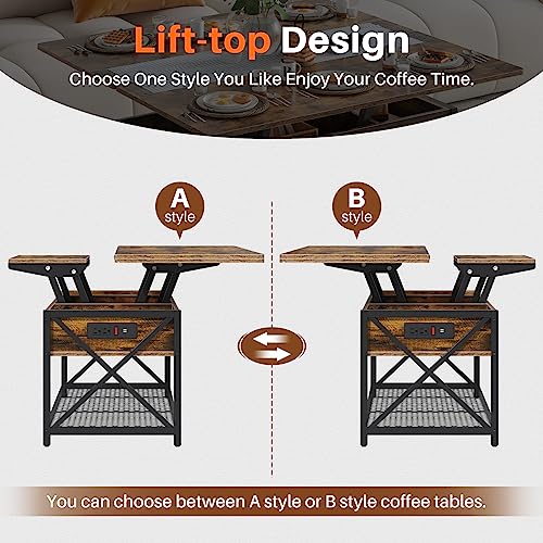 Osfvolr 43" Lift Top Coffee Table with Charging Station, 4 in 1 Coffee Tables with Storage, Farmhouse Coffee Table Converts to Dining Table for Living Room, Game Table, Home Office