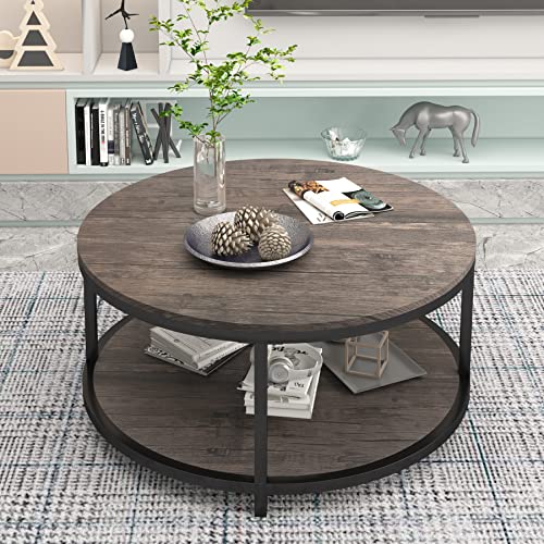 NSdirect Round Coffee Table,36 inch Coffee Table for Living Room,2-Tier Rustic Wood Desktop & Sturdy Metal Legs Table Modern Design Home Furniture with Storage Shelf (Light Walnut)