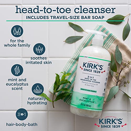 Kirk's 3-in-1 Castile Liquid Soap Head-to-Toe Clean Shampoo, Face Soap & Body Wash for Men, Women & Children | Mint & Eucalyptus Scent | 32 Fl Oz.