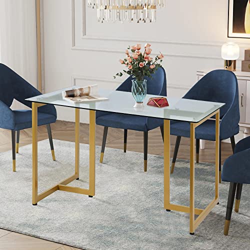 FurnitureR Tempered Glass Dining Table 47.2 inches, Dinner Table for 4-6 Persons Modern Rectangular Spacious Tabletop & Gold Legs Elegant for Home Kitchen Living Room Restaurant, Gold