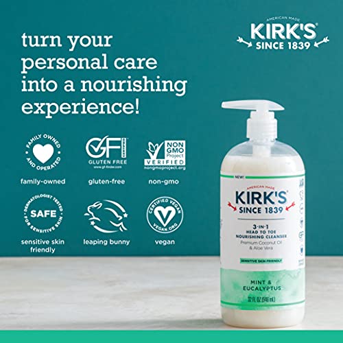 Kirk's 3-in-1 Castile Liquid Soap Head-to-Toe Clean Shampoo, Face Soap & Body Wash for Men, Women & Children | Mint & Eucalyptus Scent | 32 Fl Oz.