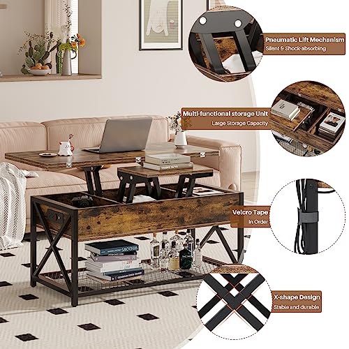 Osfvolr 43" Lift Top Coffee Table with Charging Station, 4 in 1 Coffee Tables with Storage, Farmhouse Coffee Table Converts to Dining Table for Living Room, Game Table, Home Office