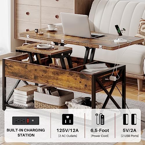 Osfvolr 43" Lift Top Coffee Table with Charging Station, 4 in 1 Coffee Tables with Storage, Farmhouse Coffee Table Converts to Dining Table for Living Room, Game Table, Home Office