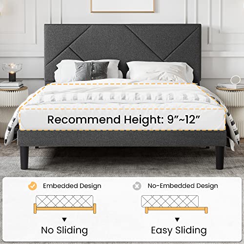 SHA CERLIN Full Size Upholstered Bed Frame with Geometric Headboard, Heavy-Duty Platform Bed Frame with Wood Slats Support, Mattress Foundation, No Box Spring Needed, Easy Assembly, Dark Grey