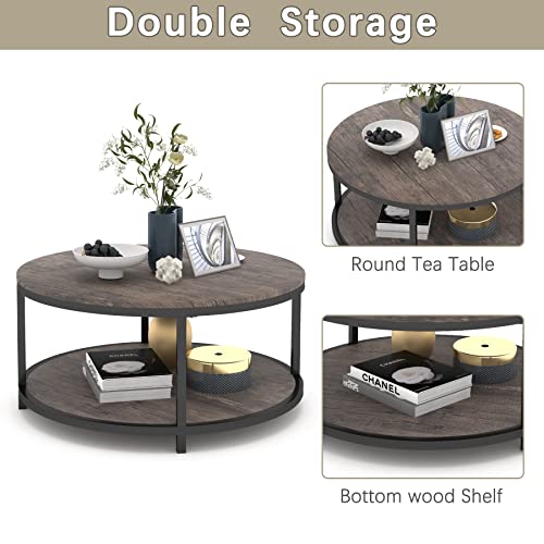 NSdirect Round Coffee Table,36 inch Coffee Table for Living Room,2-Tier Rustic Wood Desktop & Sturdy Metal Legs Table Modern Design Home Furniture with Storage Shelf (Light Walnut)