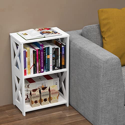 Rerii End Table, Side Table 3 Tier, Simple Bedside Nightstand, 2 Shelf Small Bookshelf Bookcase, Display Rack for Bathroom, Bedroom and Living Room, White