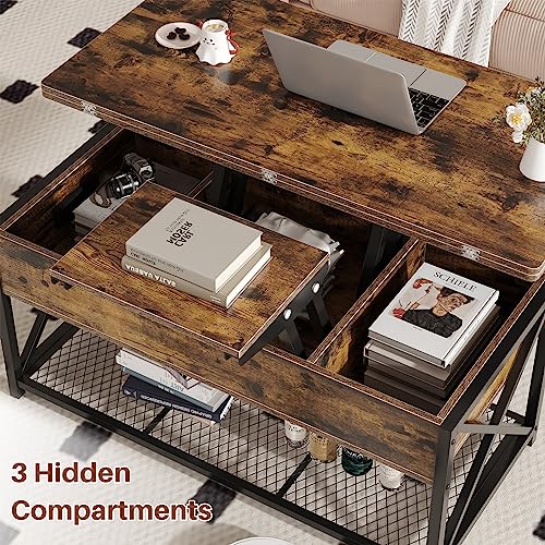 Osfvolr 43" Lift Top Coffee Table with Charging Station, 4 in 1 Coffee Tables with Storage, Farmhouse Coffee Table Converts to Dining Table for Living Room, Game Table, Home Office