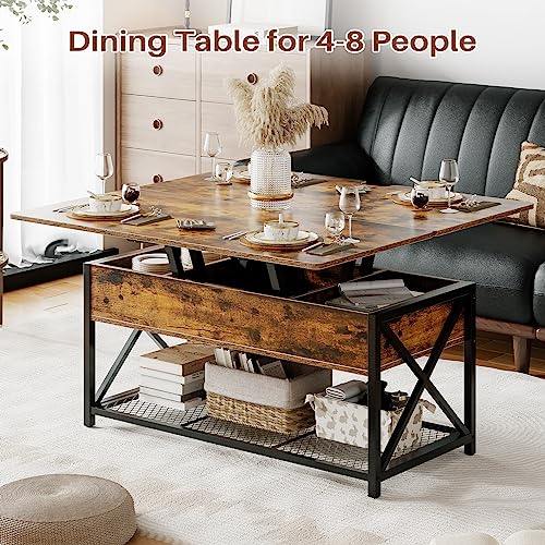 Osfvolr 43" Lift Top Coffee Table with Charging Station, 4 in 1 Coffee Tables with Storage, Farmhouse Coffee Table Converts to Dining Table for Living Room, Game Table, Home Office