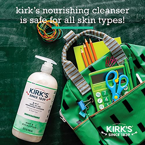 Kirk's 3-in-1 Castile Liquid Soap Head-to-Toe Clean Shampoo, Face Soap & Body Wash for Men, Women & Children | Mint & Eucalyptus Scent | 32 Fl Oz.