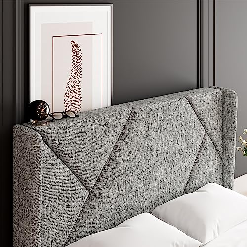 iPormis Full Size Bed Frame with Geometric Wingback Headboard, Upholstered Platform Bed Frame with Solid Wood Slats, 8" Storage Space, No Box Spring Needed, Easy Assembly, Light Gray