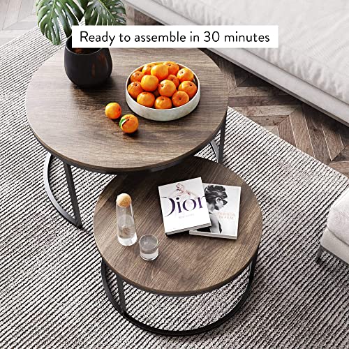 Nathan James Stella Round Modern Nesting Coffee Set of 2, Stacking Living Room Accent Tables with an Industrial Wood Finish and Powder Coated Metal Frame, Warm Nutmeg/Matte Black