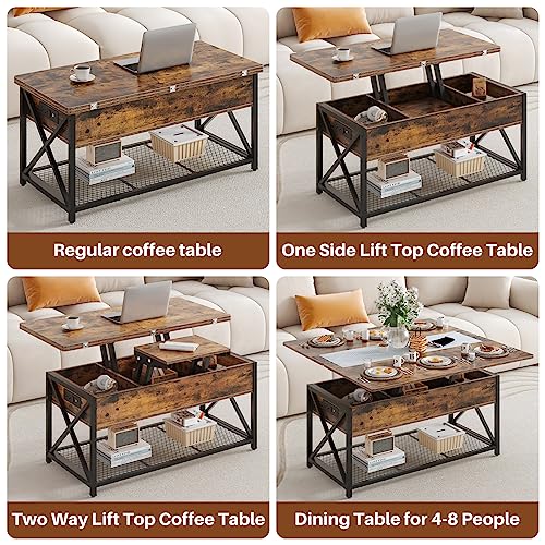 Osfvolr 43" Lift Top Coffee Table with Charging Station, 4 in 1 Coffee Tables with Storage, Farmhouse Coffee Table Converts to Dining Table for Living Room, Game Table, Home Office