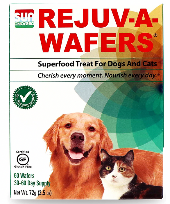 Sun Chlorella Rejuv-A-Wafers Daily Dog Cat & Animal Superfood Supplement - Green Microalgae & Eleuthero Bits - Vitamins, Minerals, Antioxidants Support Immune Defense, Gut Health - 60 Wafers